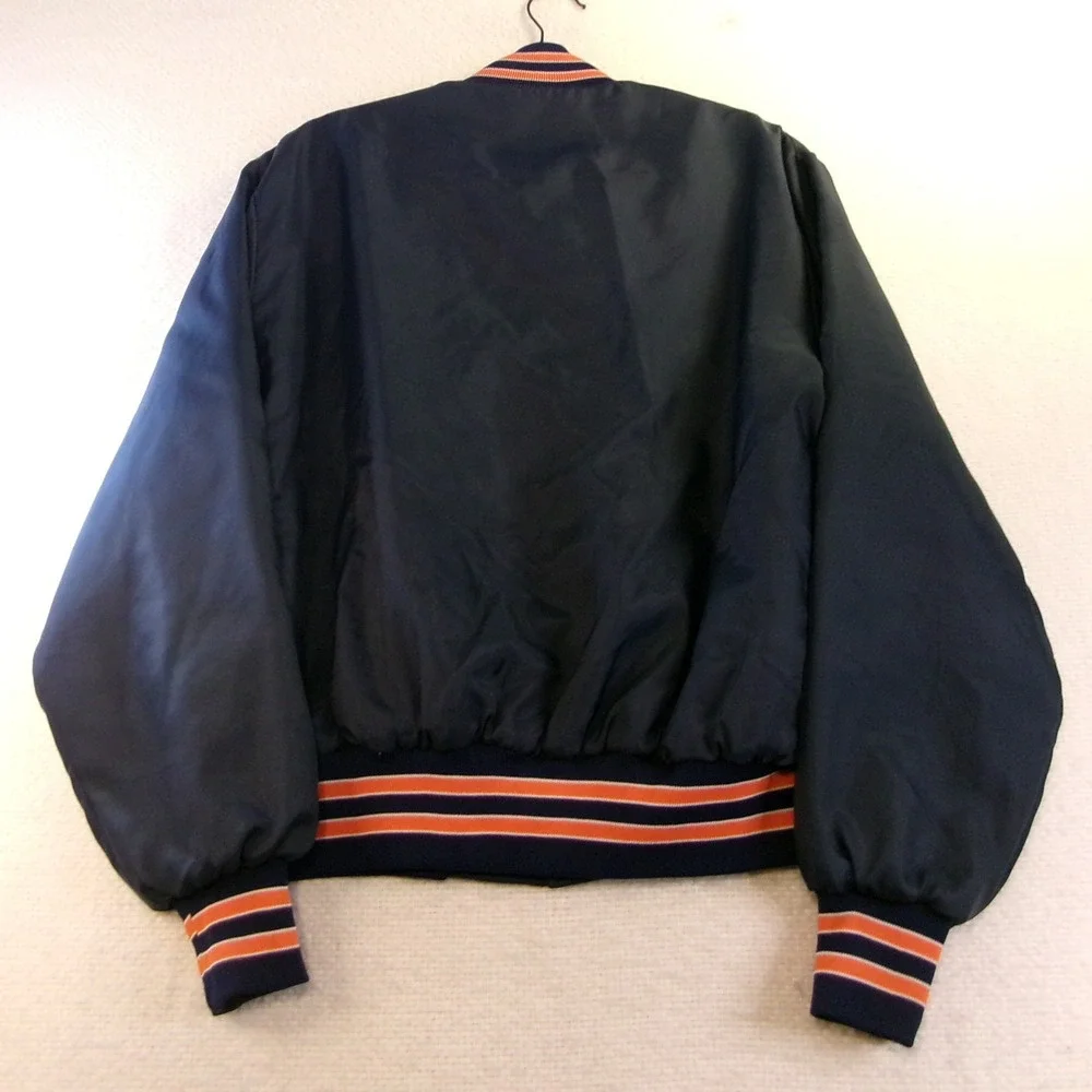 Holloway Mens L Varsity Bomber Jacket Navy Blue Striped Trim Made in USA 6430
